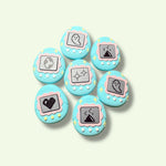 Set of blue buttons with various icons on a light gray background